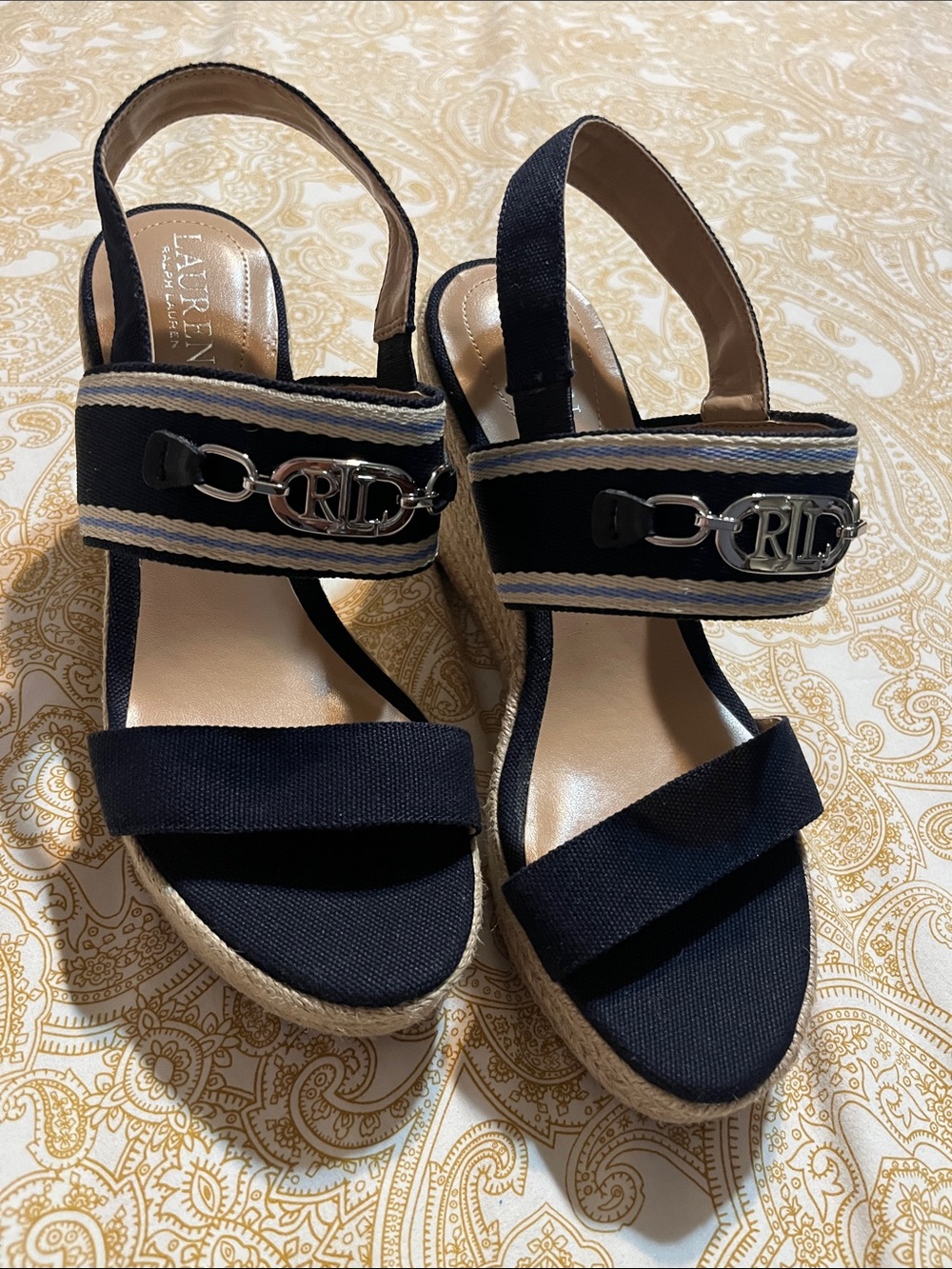 Lauren Ralph Lauren Navy Espadrille Wedge Sandals with Silver Logo Trim - Picture 9 of 9